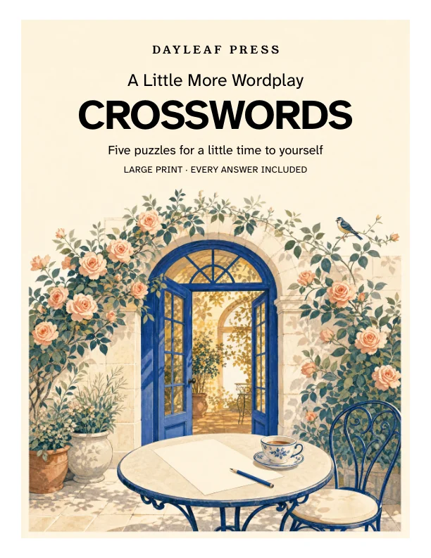 The cover of A Little More Wordplay, with a blue garden doorway, a table and a pencil in warm light.