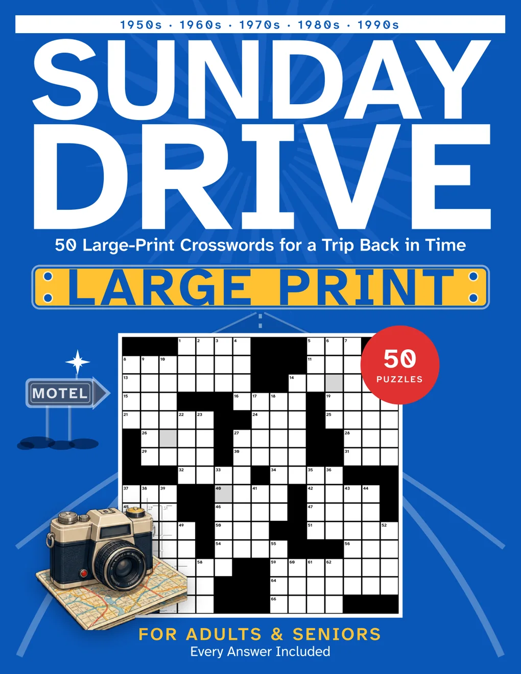 Pre-release blue front cover of Sunday Drive, with its title and crossword grid.