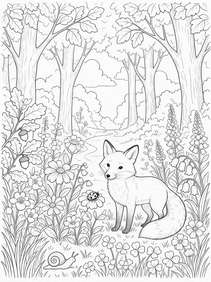 A fox sitting among flowers and trees in a woodland illustration.